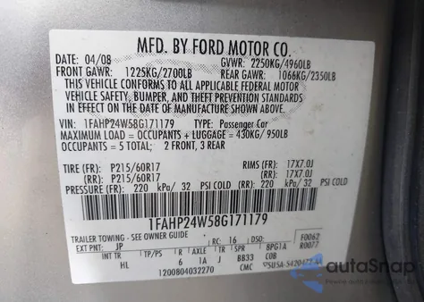 2008 Ford Taurus Sel from USA, damaged, VIN 1FAHP24W58G171179